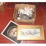 A box lot of miscellaneous ceramics and metal wares to include Brambley Hedge, bisque figure piano