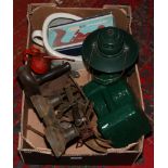 A box of miscellaneous to include vice bed pan, Paramo Plane Master, 56lb cast iron Midland weight