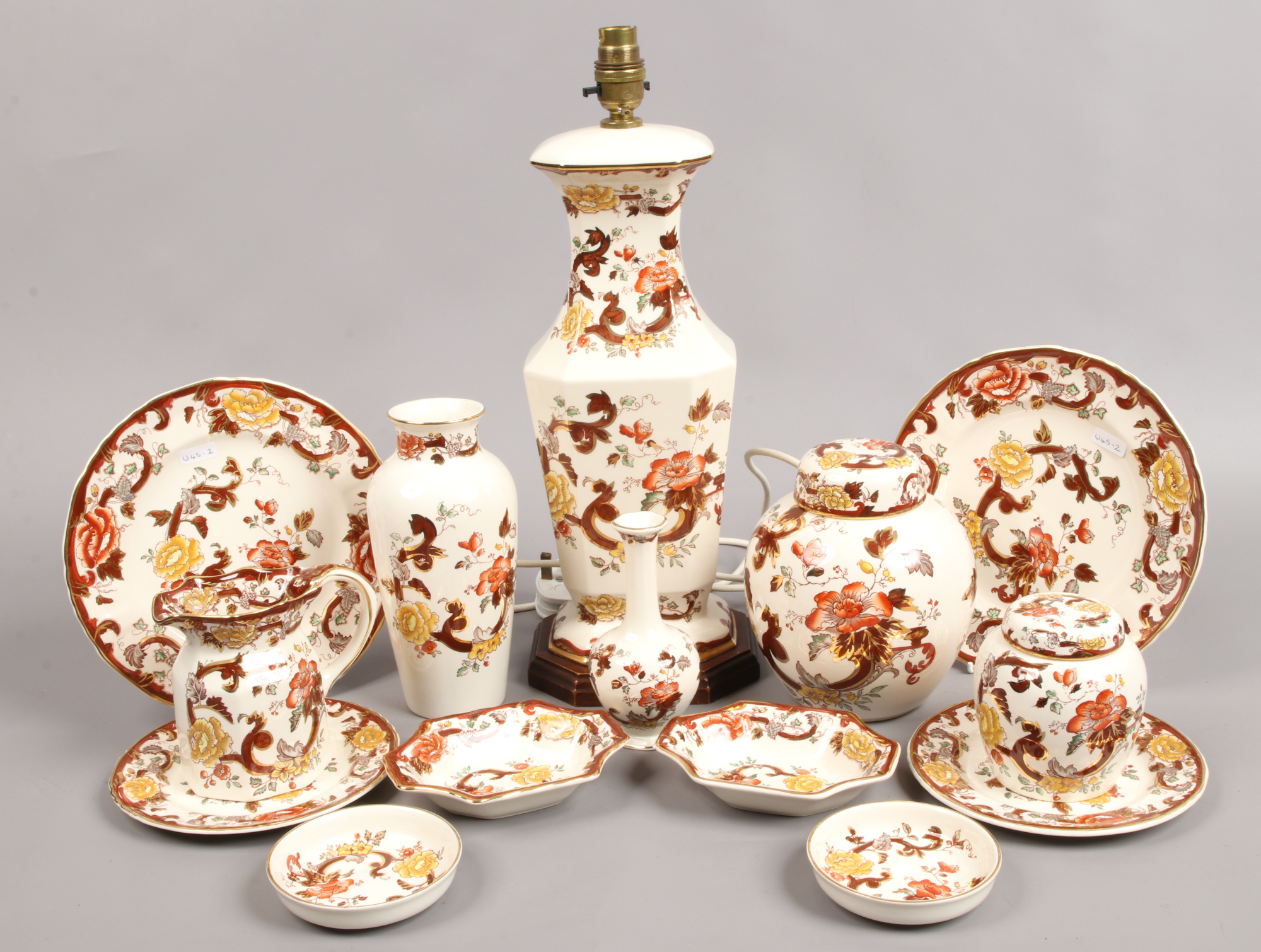 A collection of Masons ceramics in The Brown Velvet design to include table lamp, vases, jug,