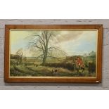 An oak framed oil on canvas hunting scene, unsigned 47cm x 88cm.