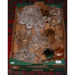 A box of mixed glasswares to include drinking vessels, decorative paperweight, commemerative