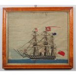 A sailor's woolwork picture in maple and parcel gilt frame. Portraying a three mast steam ship