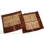 Four salvaged Queen Anne domestic embroidery panels mounted on velvet in pairs. All depicting