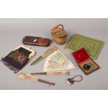 A box of collectables including a Victorian glass plate cabinet photograph, 1930s beadwork evening