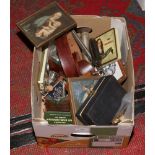 A box of collectables including book slide, vintage coins and tins, Old Sheffield Jack knife