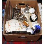 A box of miscellaneous to include cut and coloured glass decanters, carved mahogany barometer,