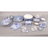A collection of mainly 19th century pottery and pearlware etc. Mainly printed in the Willow