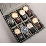 A case containing eight gentleman's wristwatches one automatic and seven manual including Limit,