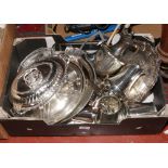 A box of silver plate to include horderves dishes, coffee pots, Salvor hot water jug and tankards