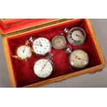 A jewellery box and six pocket watches including two with stop watch function, spares or repair.