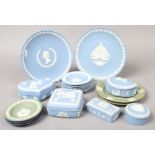 A collection of blue and green Wedgwood Jasperware.