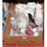 A box of miscellaneous to include Aynsley, Royal Crown Derby pin dish, Doulton crystal etc.