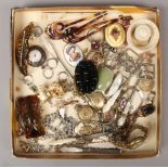 A box of costume jewellery and collectables including mother of pearl handled manicure tools,