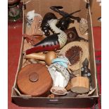 A box of animal carvings and items of treen, soapstone rhino, African figures, hardwood hippo etc.