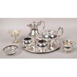 A collection of silver plate to include Walker & Hall tea set on tray, pierced bon bon dish etc.