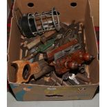 A box of vintage tools to include spanners, plow plane etc.