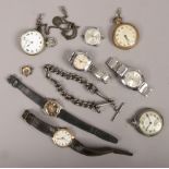 Three pocket watches, five manual wristwatches, two watch chains and a compass fob.