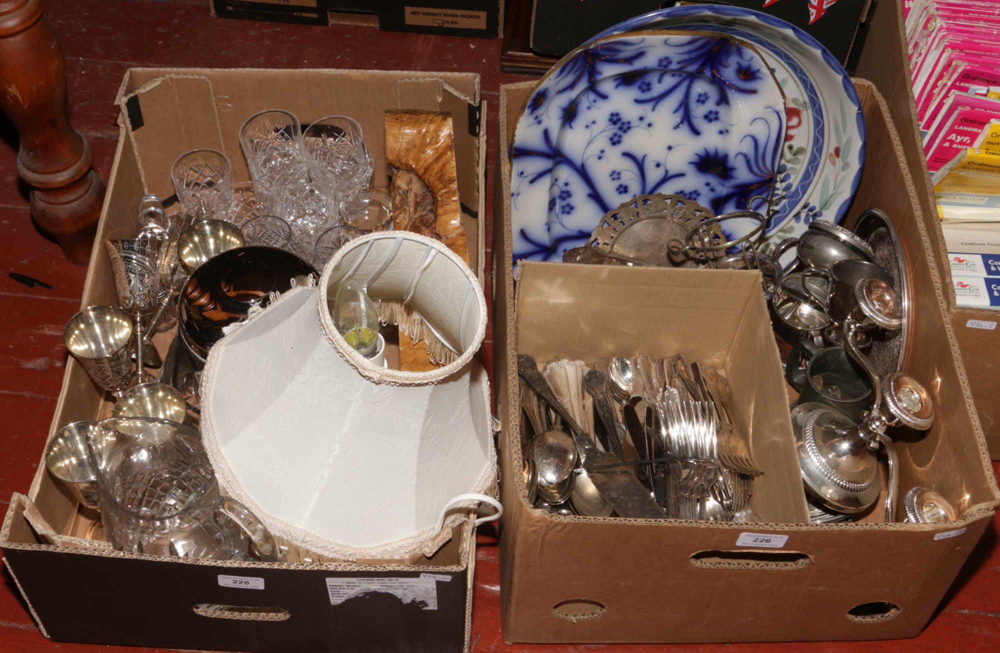 Two boxes of miscellaneous including silver plate, cut crystal drinking vessels, alabaster table