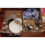 Two boxes of miscellaneous including silver plate, cut crystal drinking vessels, alabaster table