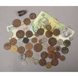 A collection of mixed coins and bank notes including a William IV silver groat.