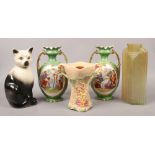 A pair of Victorian twin handle mantel vases, Art Deco style glass vase and model of a cat etc.