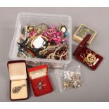 A box of costume jewellery including necklaces, earrings, bangles etc, along with collectables and a