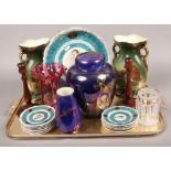 A tray of collectable ceramics and glass to include Victorian cranberry glass vase, Vienna style