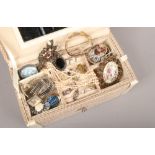 A box of modern costume jewellery including a coloured paste spray brooch and a three row mabe pearl