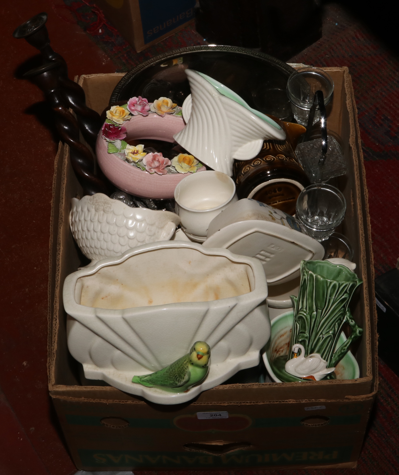 A box of miscellaneous metalwares and pottery to include Falonware, Sylvac, barleytwist