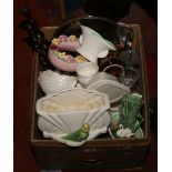 A box of miscellaneous metalwares and pottery to include Falonware, Sylvac, barleytwist