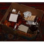 A box of dolls house furniture to include beds, dresser, chair, tables etc.