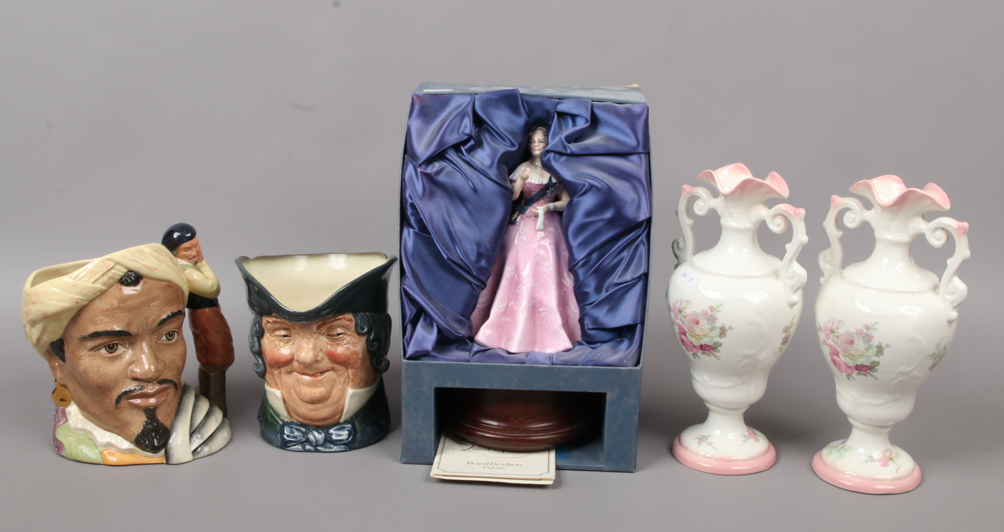 A group lot of ceramics including pair of Old Foley mantle vases, two Royal Doulton character jugs