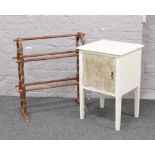 A white painted pot cupboard along with mahogany towel rail.