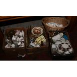 Three boxes and a wicker basket of miscellaneous including Cottage Rose ornaments, commemorative