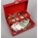 A jewellery box and contents of British pre-decimal and foreign coins to include misprint £1 note.