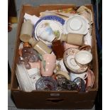 A box of miscellaneous to include lace and linen, bone china teawares, Doulton Lambeth stoneware