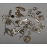 A box of silver and white metal jewellery oddments and collectables including thimbles, Art