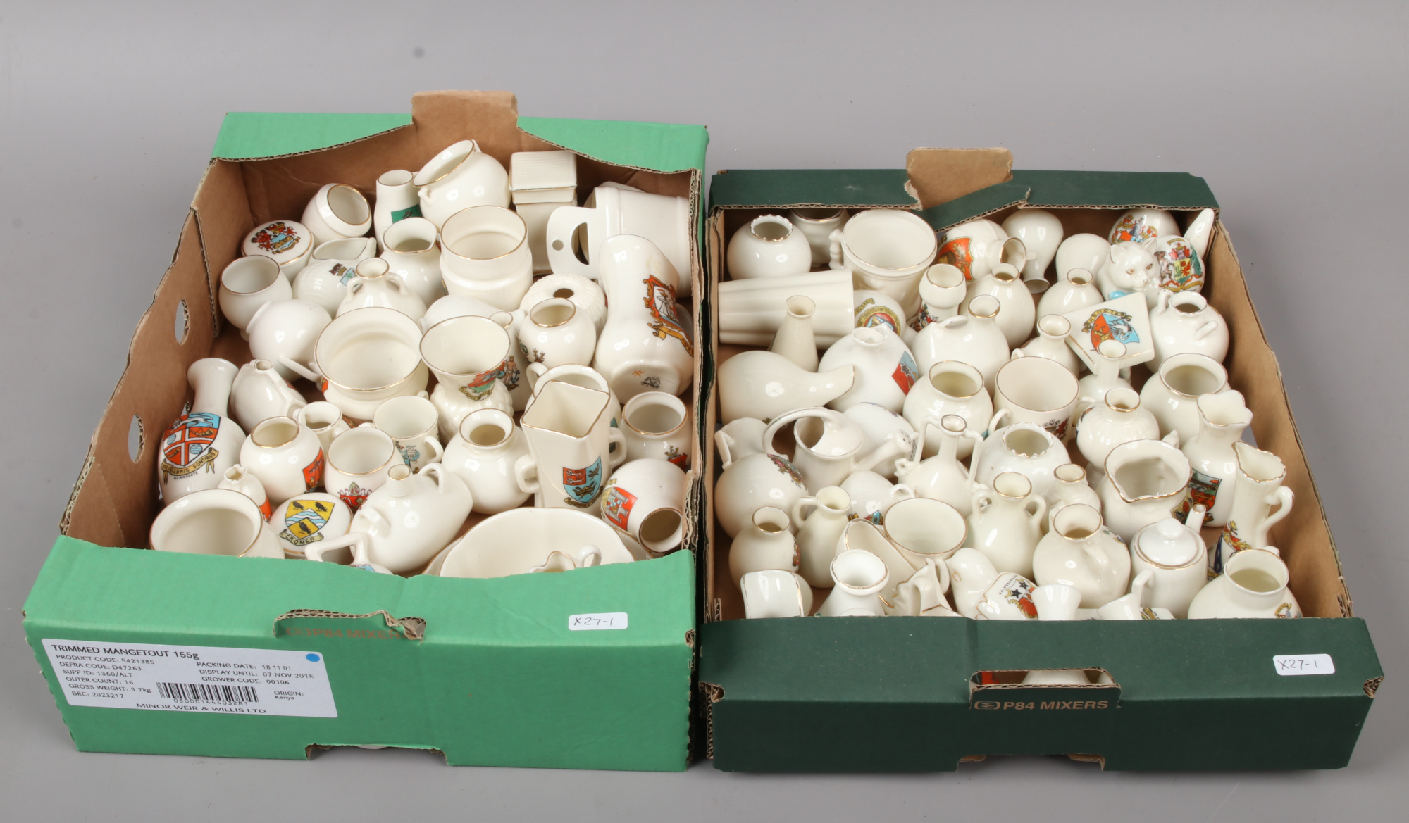 Two boxes of crested ware china to include Corona, Willow art, Arcadian and Goss examples.