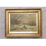 A gilt framed oil on canvas, rural winter landscape with shepherd and sheep to foreground,