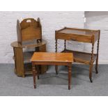 A group lot to include, mahogany three tier occasional table, oak magazine rack, barleytwist tea