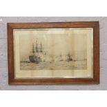 An early 20th century oak frame William Lionel Wyllie engraving, seascape depicting a naval