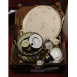 A box of miscellaneous including crested china ware, Crown Devon, Hornsea Fauna, decorative oriental