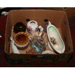 A box of miscellaneous including Goebel figure, Sylvac, ship in glass bottle, art glass etc.
