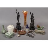 A group of collectables including Victorian Spelter figures, Leeds creamware, Wade, Wedgwood