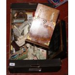 A box of miscellaneous to include oak brass bound stationary box, scales, weights, ceramic figures