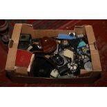 A box of photographic equipment to include Ricoh Singlex TLS SLR camera, AGFA, dark room equipment