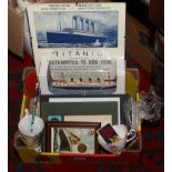 A quantity of Titanic ephemera to include boxed Diecast model reproduction Carpathia medal, framed