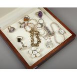 A jewellery box and contents of mainly silver jewellery to include DQ watch, rings, ingot etc.