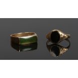 Two gent's 9ct gold signet rings. One set with onyx (size P 1/2), the other a jade coloured