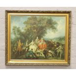 A gilt framed oilograph of figures in period dress in country landscape.